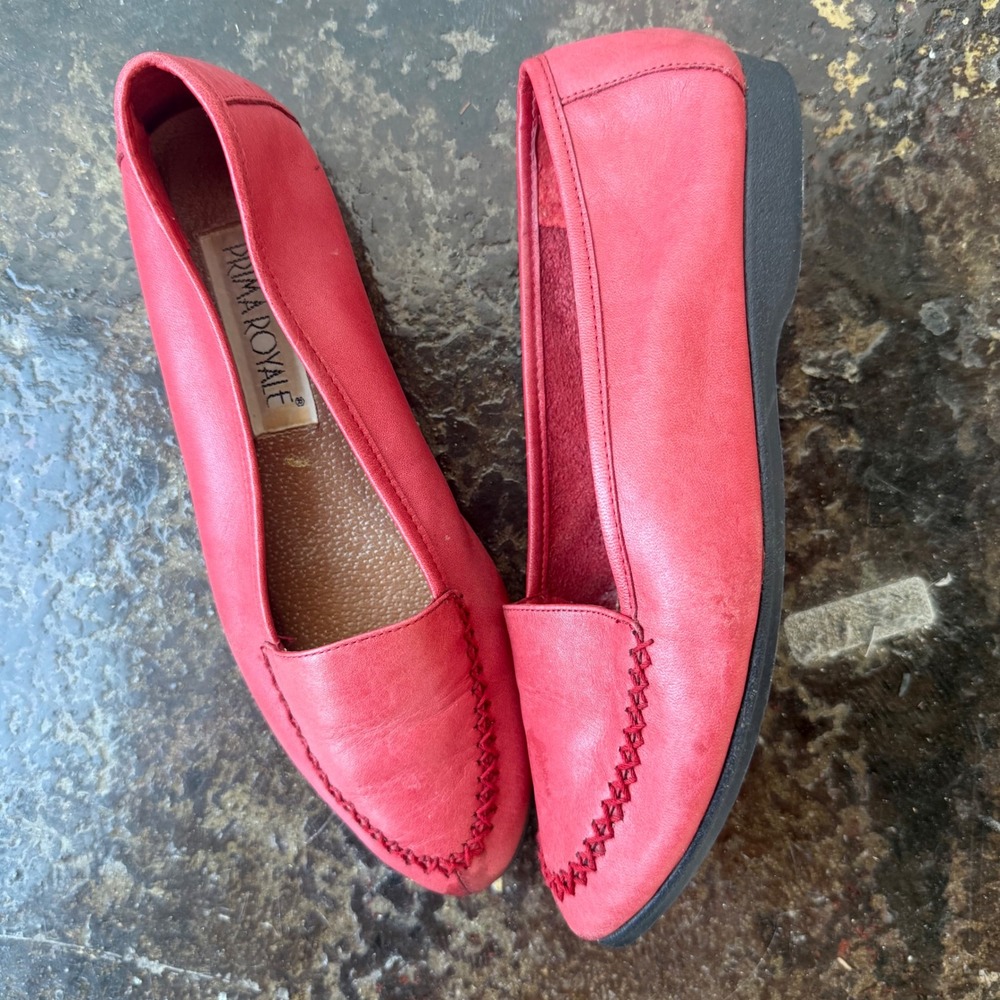 Vintage Prima Royale Flats Red Faux‎ Leather Loafers Retro Moccasions Womens 7.5